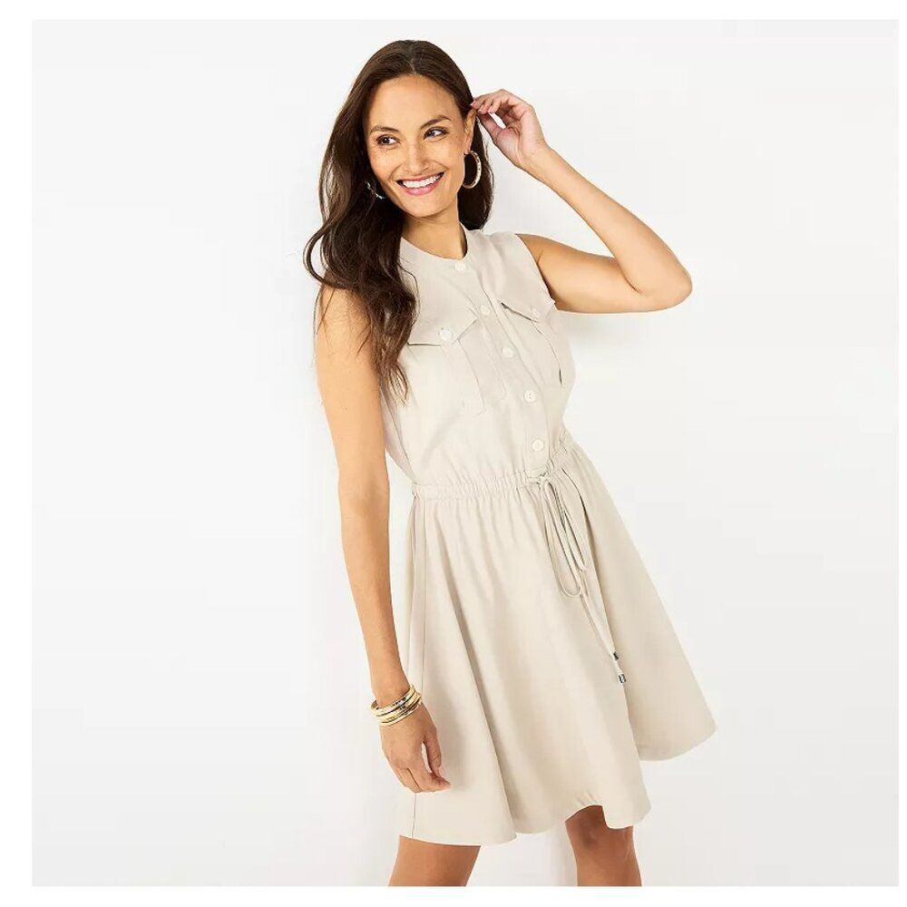 Women's Nine West Fit & Flare Sleeveless Utility Dress | Small | Beige Khaki
